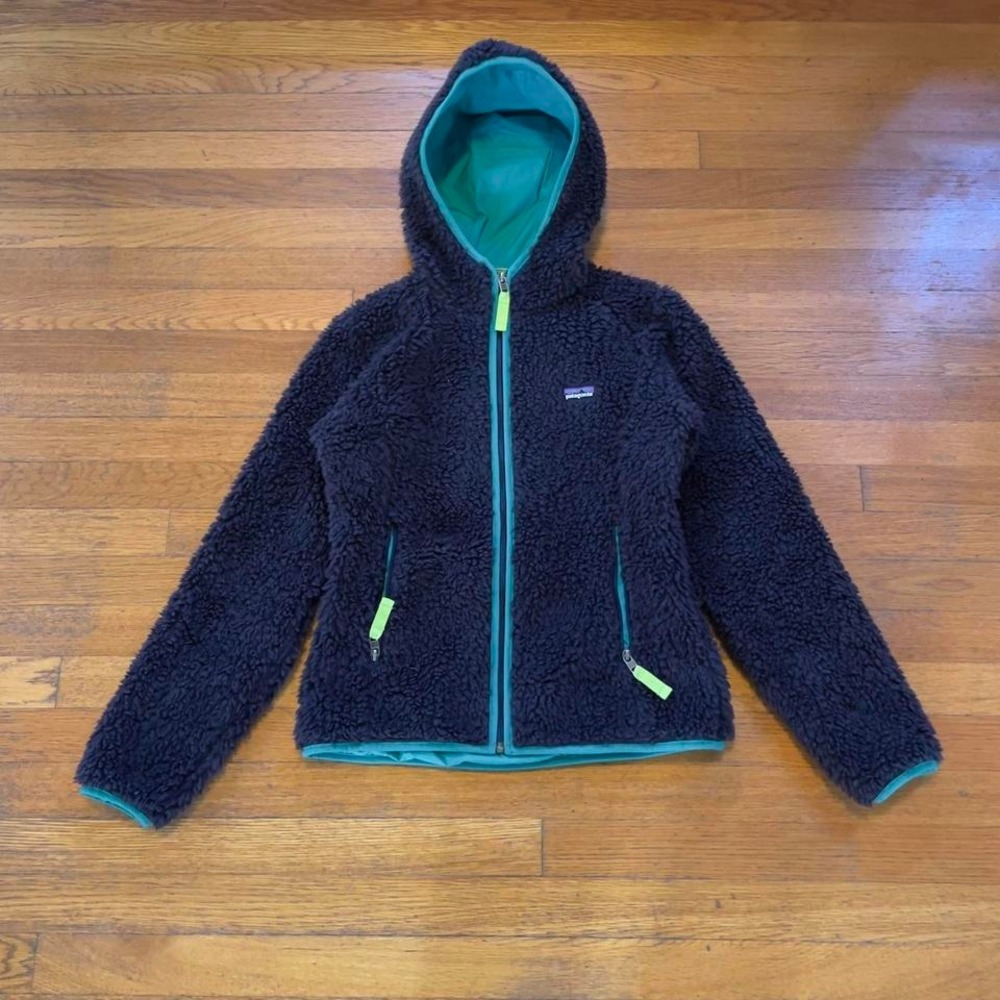 00s Patagonia deep pile fuzzy fleece dark purple zip up hooded slim fit jacket S
